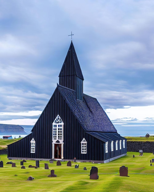 Una chiesa nera con davanti un cimitero