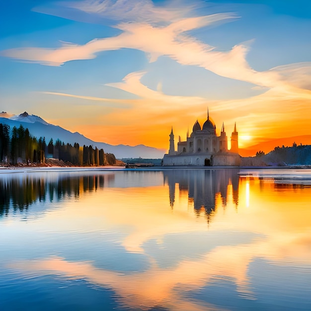 Una chiesa si riflette nell'acqua con le montagne sullo sfondo.