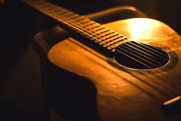 Una chitarra acustica in scarsa luce in una stanza buia