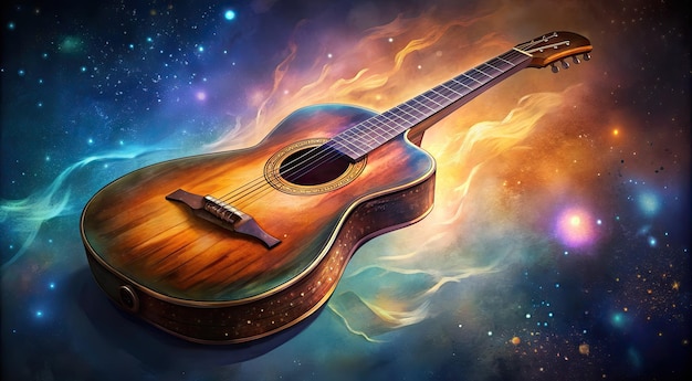 Una chitarra acustica realistica galleggia in mezzo a uno sfondo cosmico vibrante ed etereo.