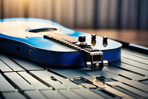 Una chitarra blu con manico nero si trova su un tavolo.