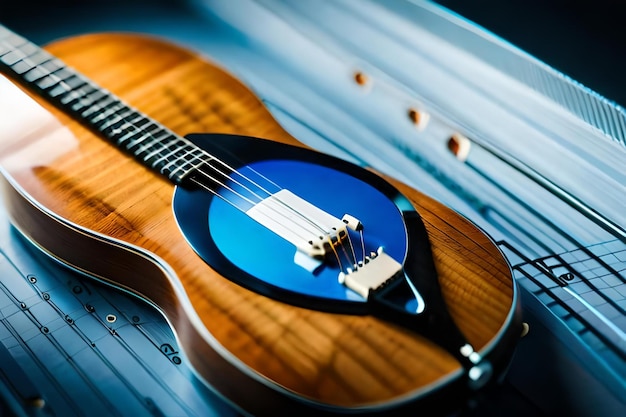 Una chitarra blu e bianca con finiture blu.