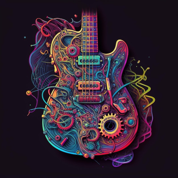 Una chitarra colorata con ingranaggi e ingranaggi su di essa.