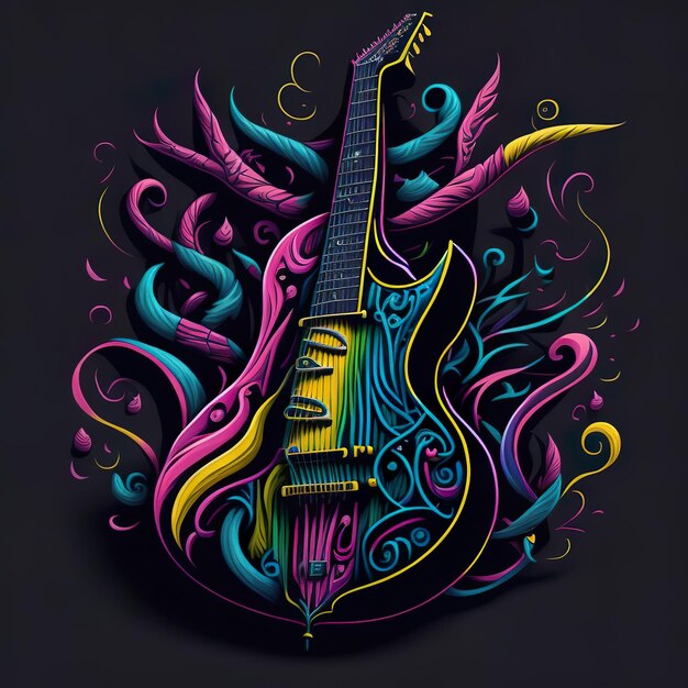 Una chitarra colorata con la parola "musica" sopra