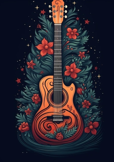 una chitarra con fiori e foglie su uno sfondo scuro ai generativa