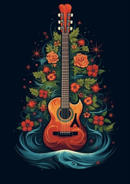 una chitarra con fiori e foglie su uno sfondo scuro ai generativa