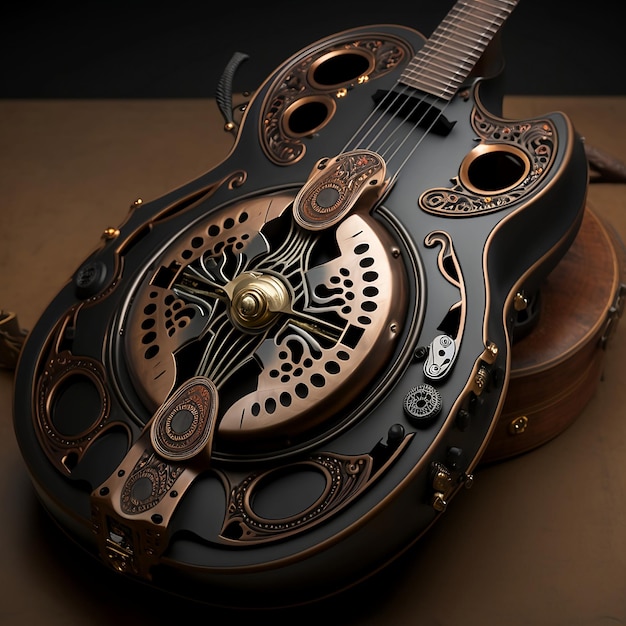 Una chitarra con un orologio in metallo e un quadrante.