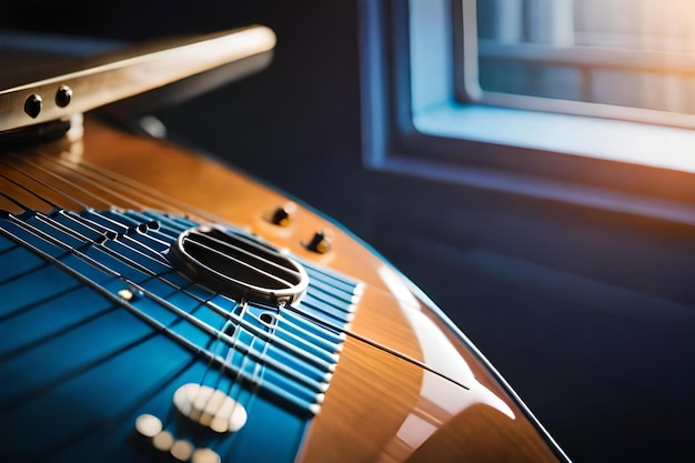 Una chitarra con una custodia blu con una finestra sullo sfondo.