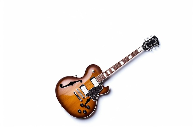 Una chitarra con una parte superiore nera e un corpo marrone con una parte superiore nera e la parola jazz sopra.