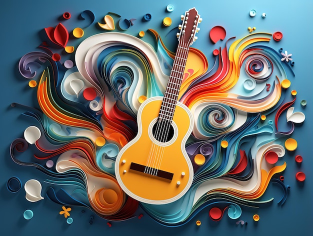 Una chitarra con uno sfondo colorato e un disegno di cerchi e una chitarra Generative Ai