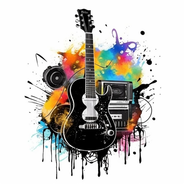 una chitarra e altoparlanti con una spruzzata di vernice sopra ai generativa