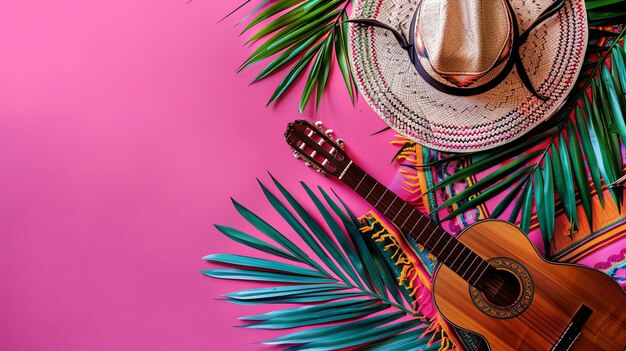 Una chitarra e un cappello su uno sfondo rosa