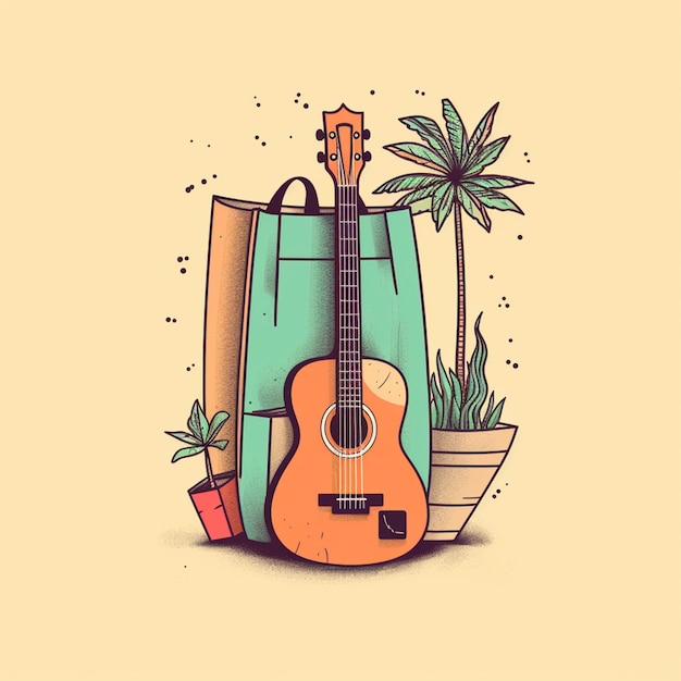 una chitarra e una borsa con una pianta e un libro generativo ai