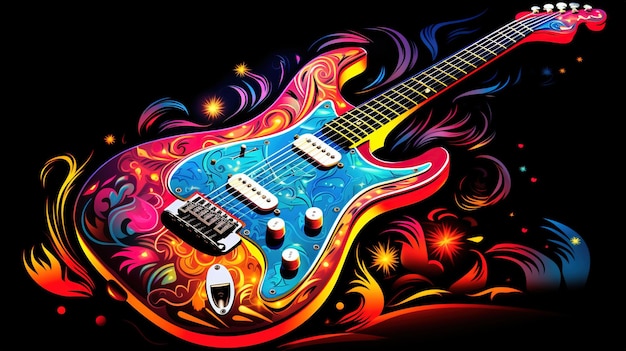 una chitarra elettrica con un disegno floreale colorato Illustrazione di concetto di fantasia pittura