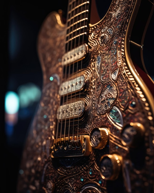 Una chitarra elettrica dorata con ornamenti da vicino