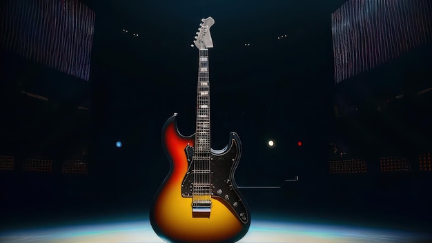 Una chitarra su un palco con uno sfondo illuminato