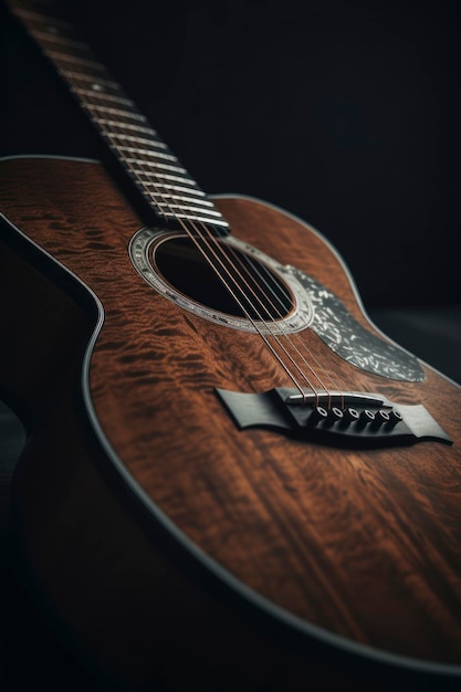Una chitarra su un supporto in una stanza buia