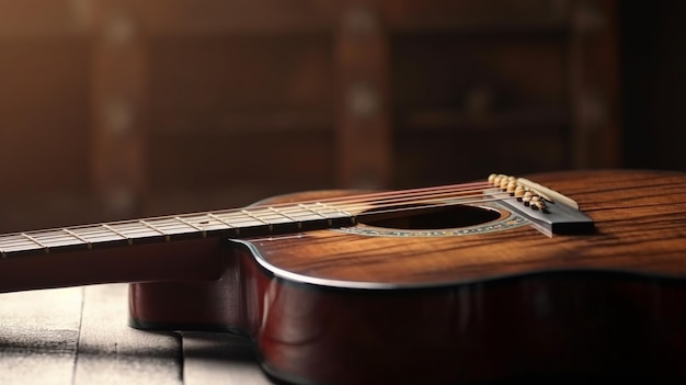 Una chitarra su un tavolo di legno con sopra la parola musica