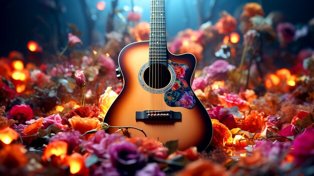 Una chitarra su uno splendido sfondo floreale