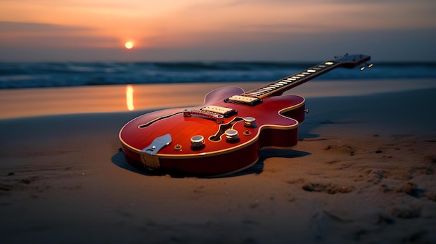 Una chitarra sulla spiaggia al tramonto