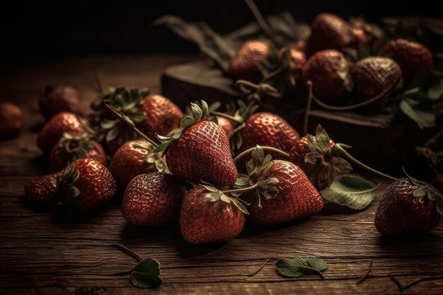 Una chiusura di fragole su un tavolo di legno