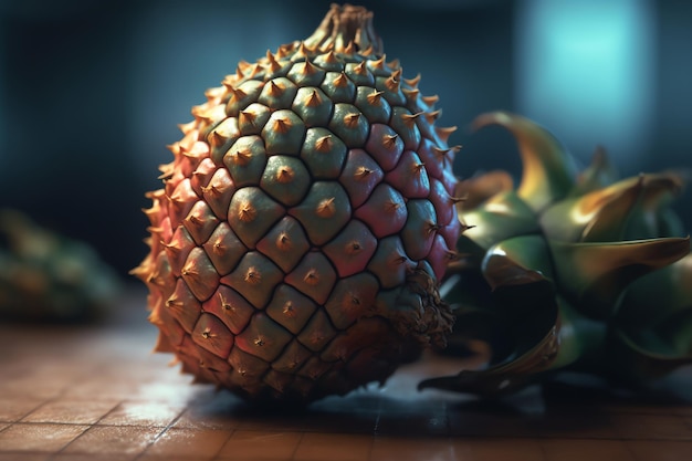 Una chiusura di un frutto durian su un tavolo