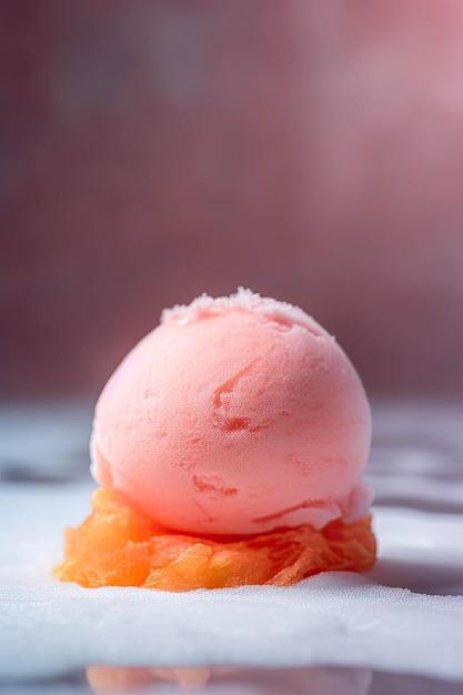 Una chiusura di una pallina di gelato su un tavolo bianco