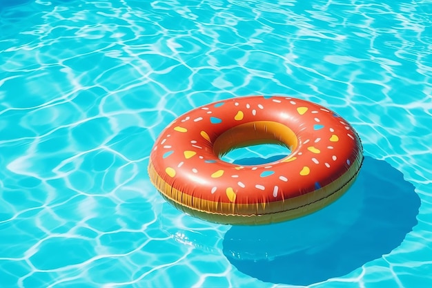 Una ciambella che galleggia in una piscina con acqua e un anello di ciambella dentro.