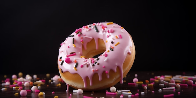 Una ciambella rosa con glassa rosa e granelli sopra