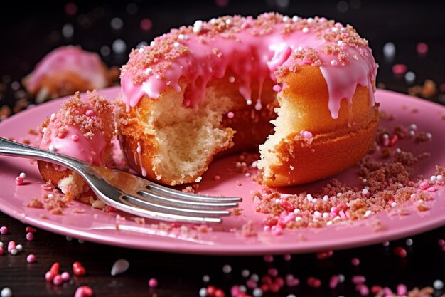 Una ciambella rosa gustata da una persona con una tazza di tè in mano