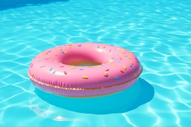 Una ciambella rosa in una piscina con una ciambella rosa nell'acqua.