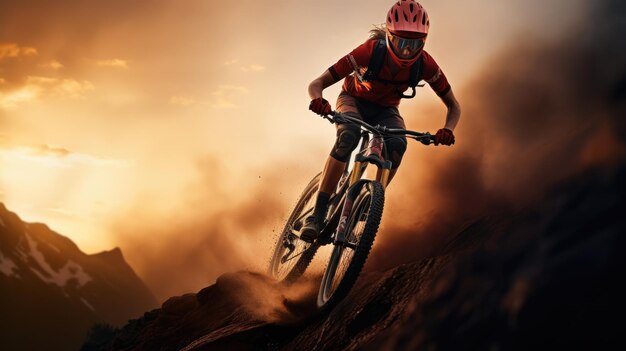 Una ciclista femminile che guida in un terreno montuoso Ciclismo estremo Sport ciclistico