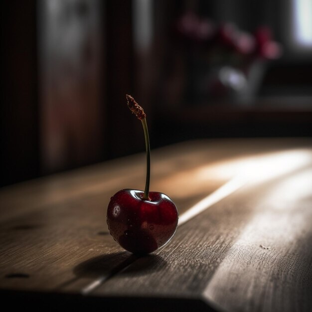 Una ciliegia con gambo su un tavolo di legno.