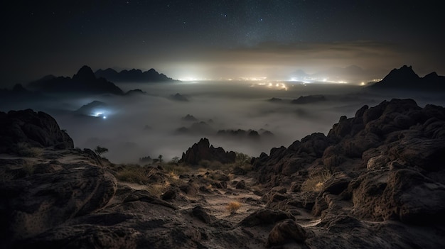 Una cima di montagna con un cielo stellato e una città sotto.