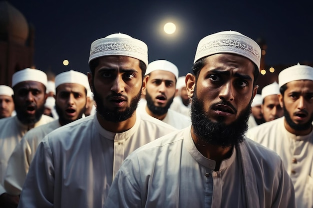 Una cinematografia iper realistica di musulmani scioccati e sbalorditi in bianco che sentono parole ispiratrici illuminate da una mezzaluna