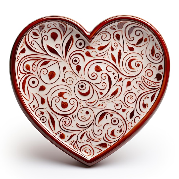 Una ciotola a forma di cuore rosso e bianco con disegni a vortice che generano un'immagine ai
