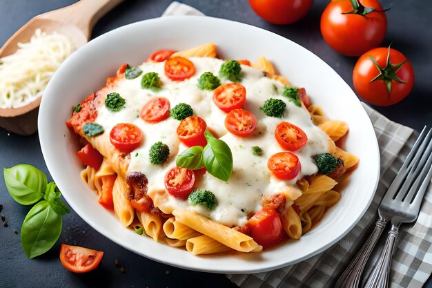 una ciotola bianca di pasta con pomodoro e formaggio