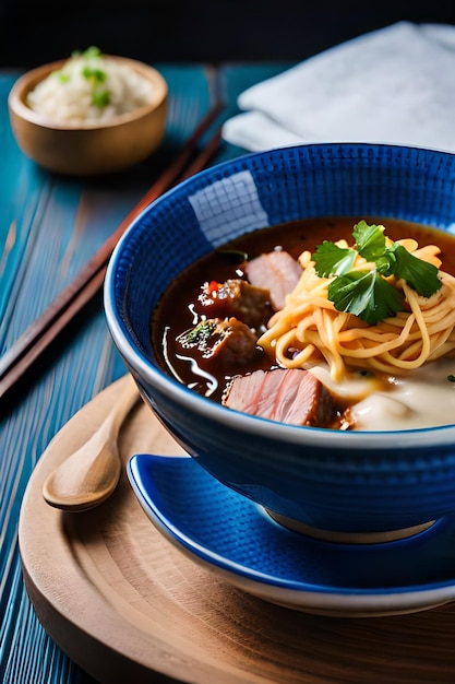 Una ciotola blu di ramen con noodles e una ciotola di noodles.