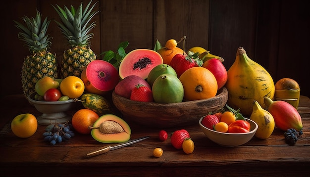 Una ciotola colorata di frutta biologica matura fresca da mangiare generata dall'intelligenza artificiale