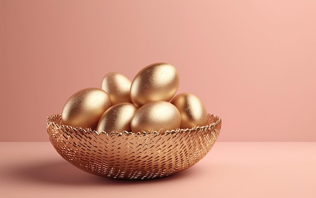 Una ciotola d'oro di uova su uno sfondo rosa