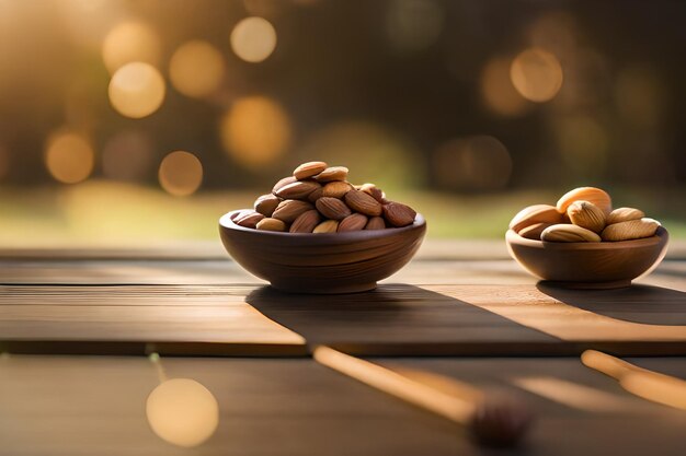una ciotola di arachidi con un cucchiaio di legno e una ciotola di arachidi sul tavolo.