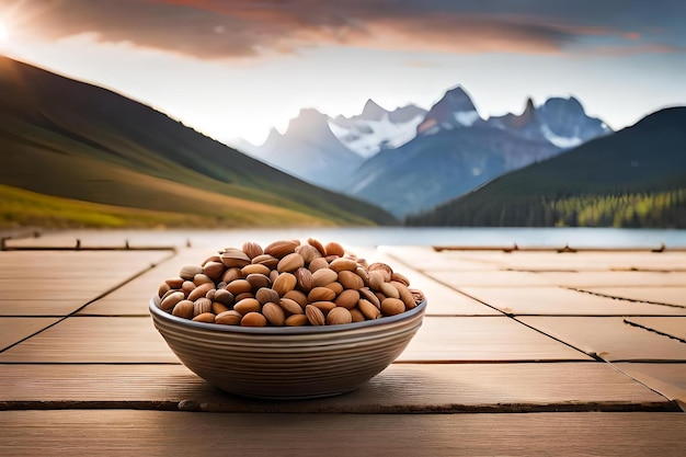 Una ciotola di arachidi si trova su un tavolo di legno di fronte a un lago di montagna.