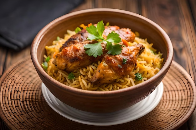 Una ciotola di biryani con pollo e riso