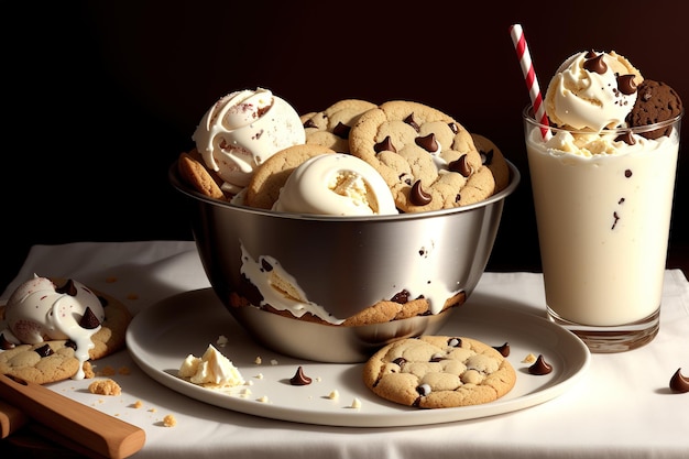 Una ciotola di biscotti al cioccolato con un bicchiere di latte e una cannuccia rossa con sopra la parola cioccolato.