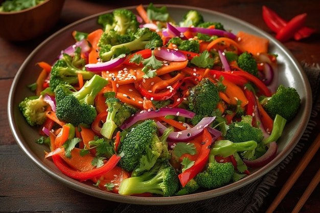 Una ciotola di broccoli, cipolla rossa e peperoncino con semi di sesamo.