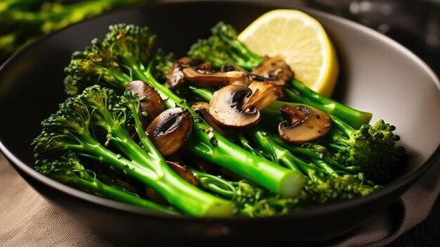 Una ciotola di broccoli con funghi e limone sul lato.