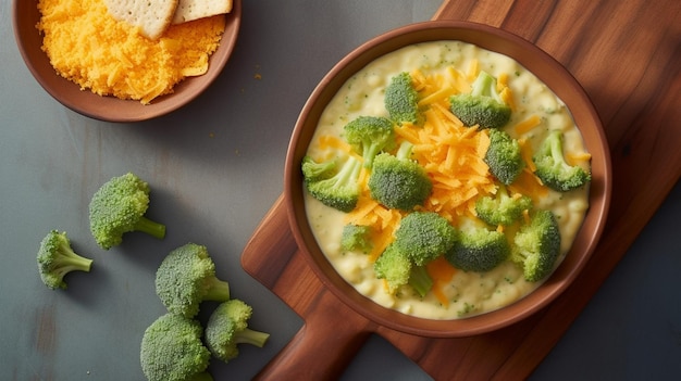 Una ciotola di broccoli e zuppa di formaggio cheddar