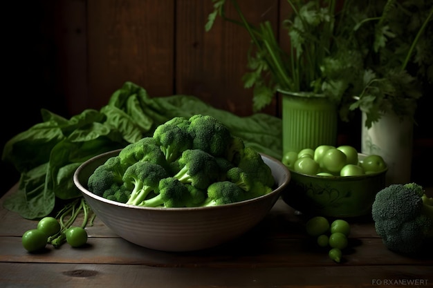 Una ciotola di broccoli verde su un tavolo di legno