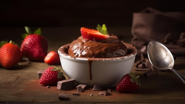 Una ciotola di budino al cioccolato con fragole e cioccolato