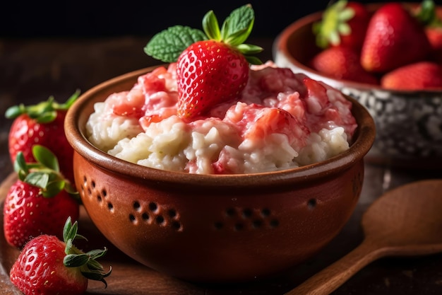 Una ciotola di budino di riso alla fragola con fragole sul lato